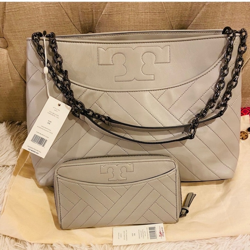Tory Burch tote purse with Alexa continental wallet color cement.